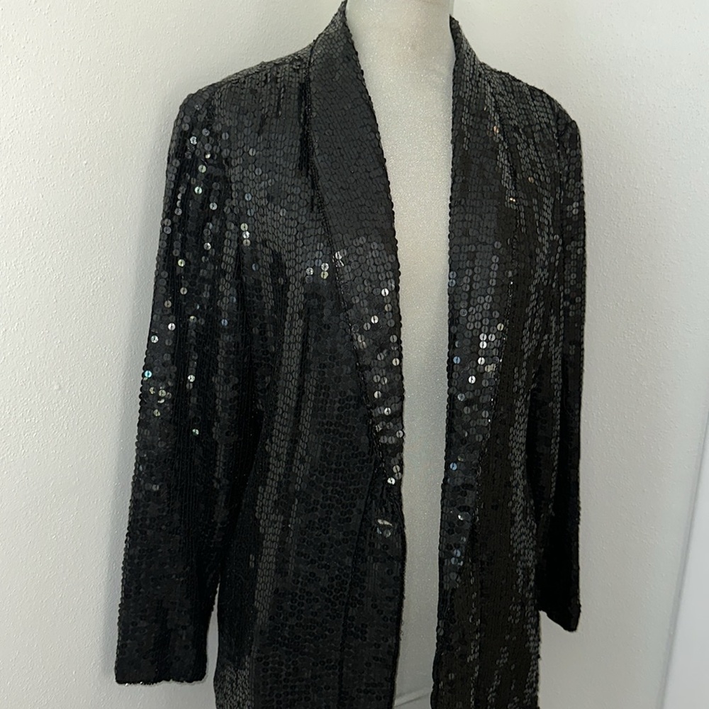 Vintage 100% silk sequin bead black jacket blazer medium m cocktail - Picture 2 of 6